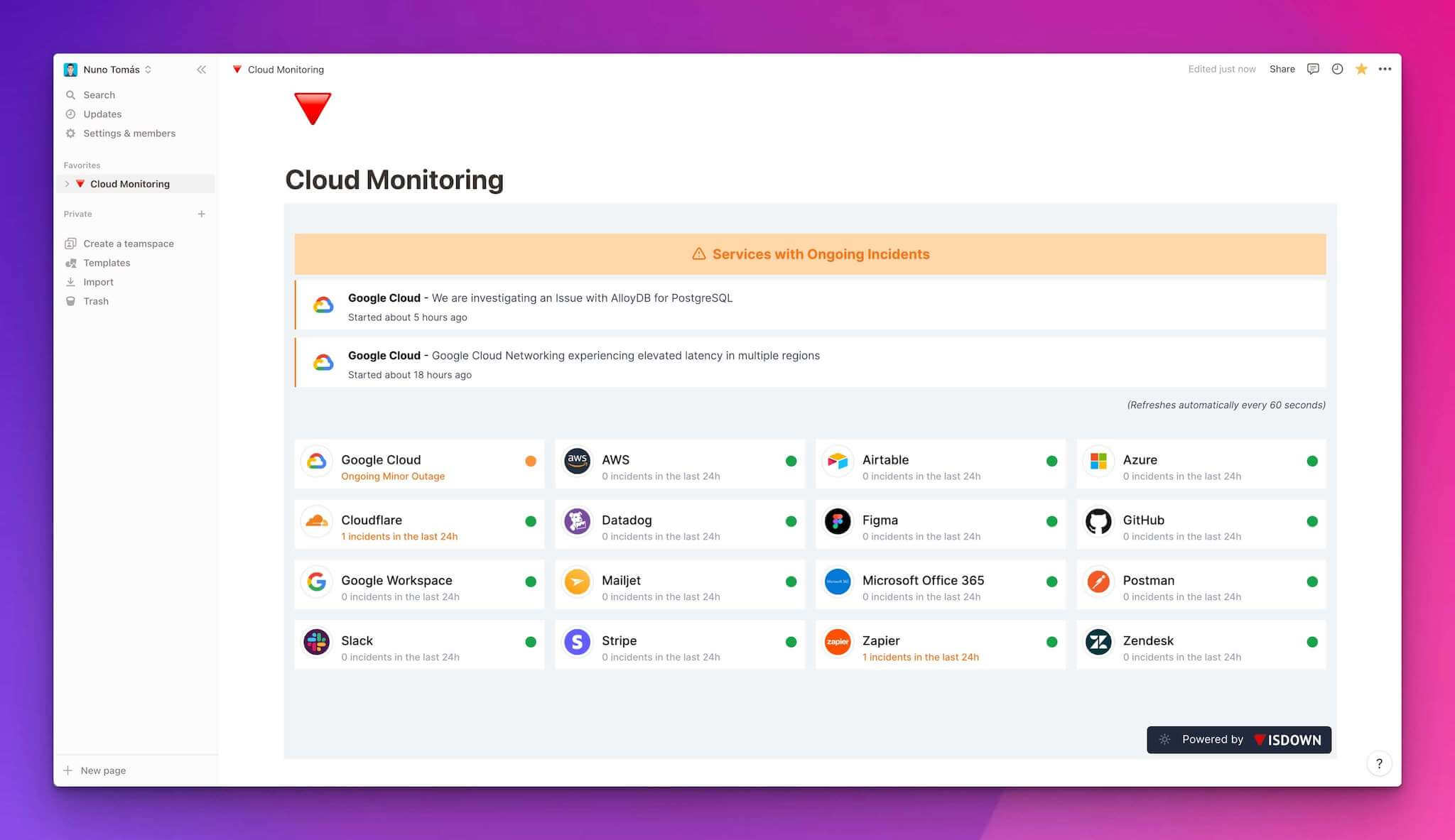 How to monitor cloud vendors with Notion and IsDown